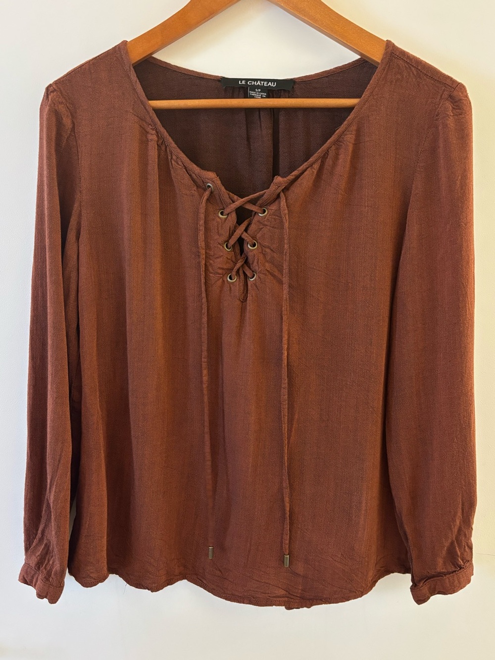 Le Château Rust Brown Lace Up V Neck Long Sleeve Blouse Small